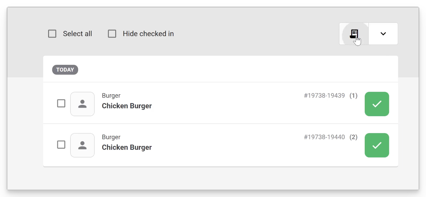 List of chicken burgers with checkboxes and order numbers for today.